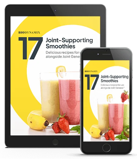 Cover of the free e-book 17 Joint-Supporting Smoothies, shown on a tablet and a phone