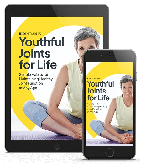 Cover of the free e-book Youthful Joints for Life, shown on a tablet and a phone