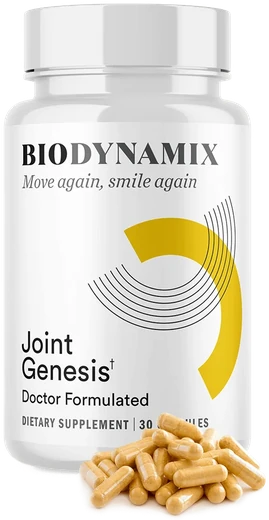Joint Genesis bottle by BioDynamix with a pile of capsules, as pictured by the seller